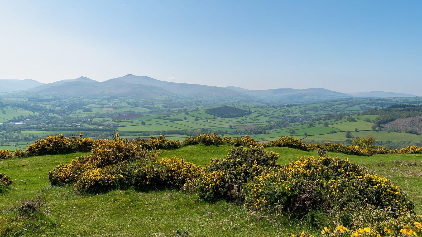 Rolling green farmland with the peaks of Pen y Fan and Corn Du on the horizon
