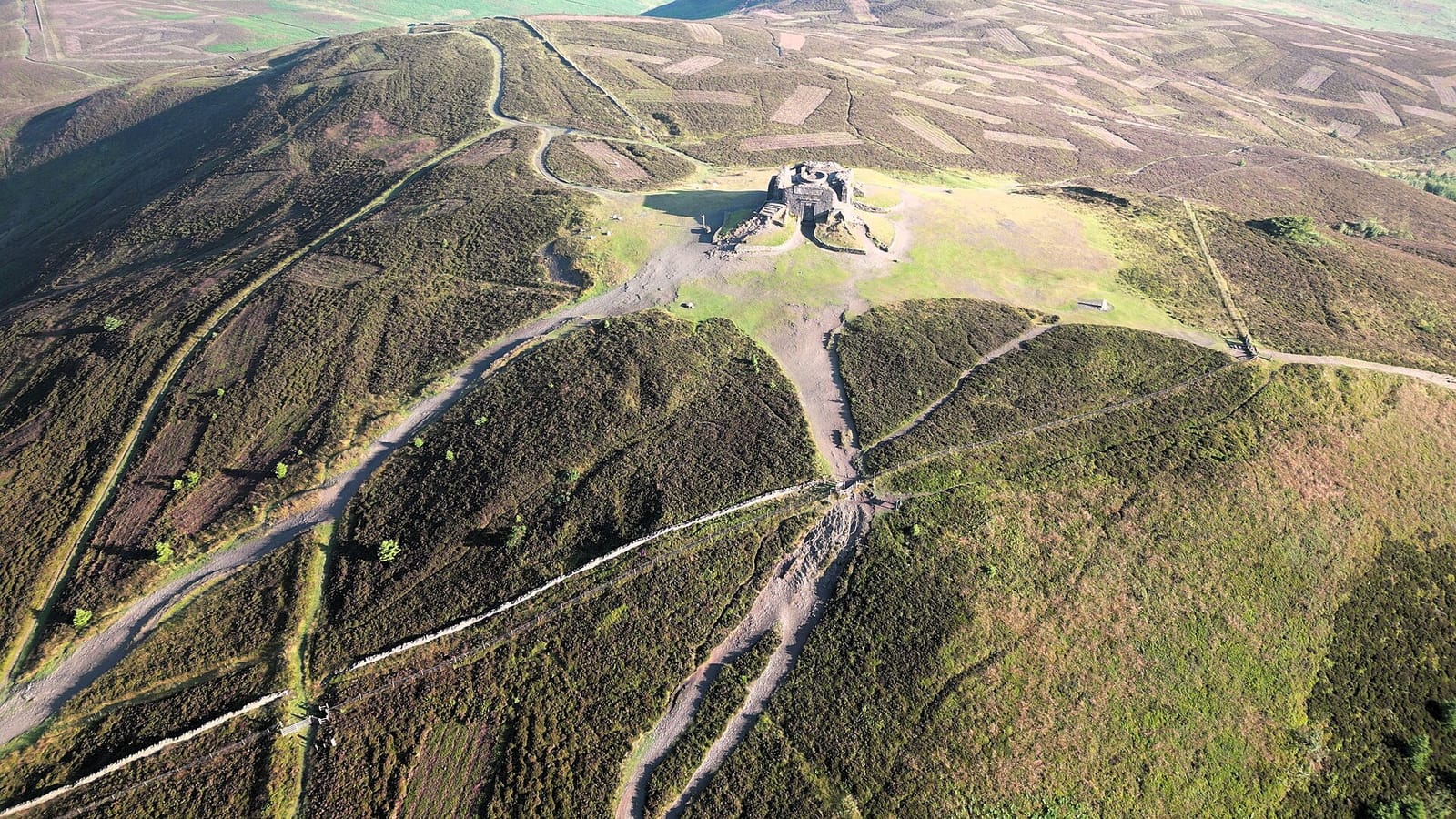 Aerial view of the heather-covered Moel Famau ridge in the Clwydian Range