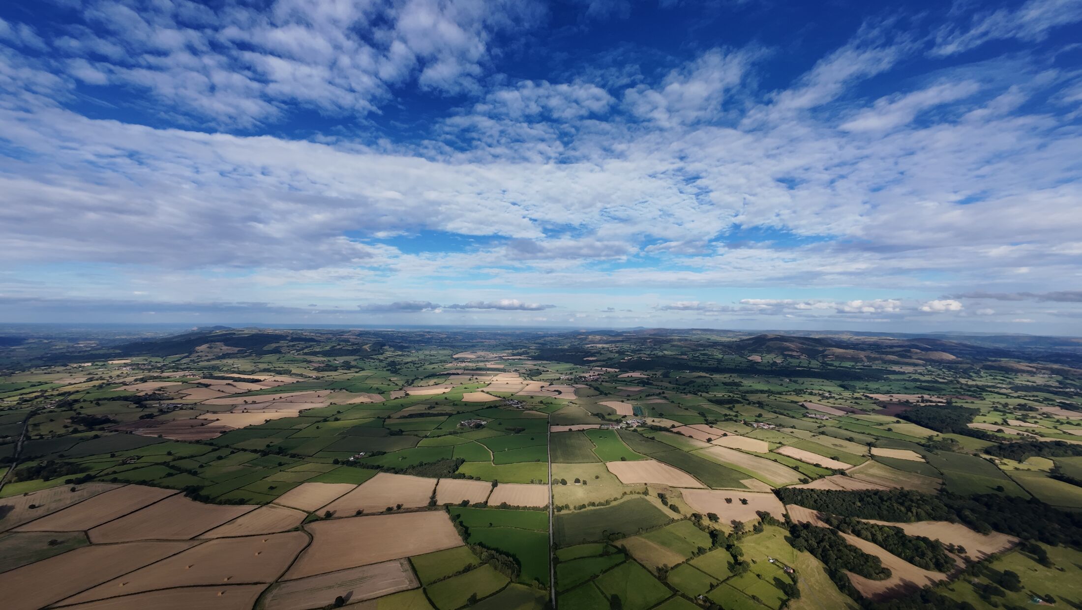 Aerial view of rolling green and gold fields in the Mid Wales countryside