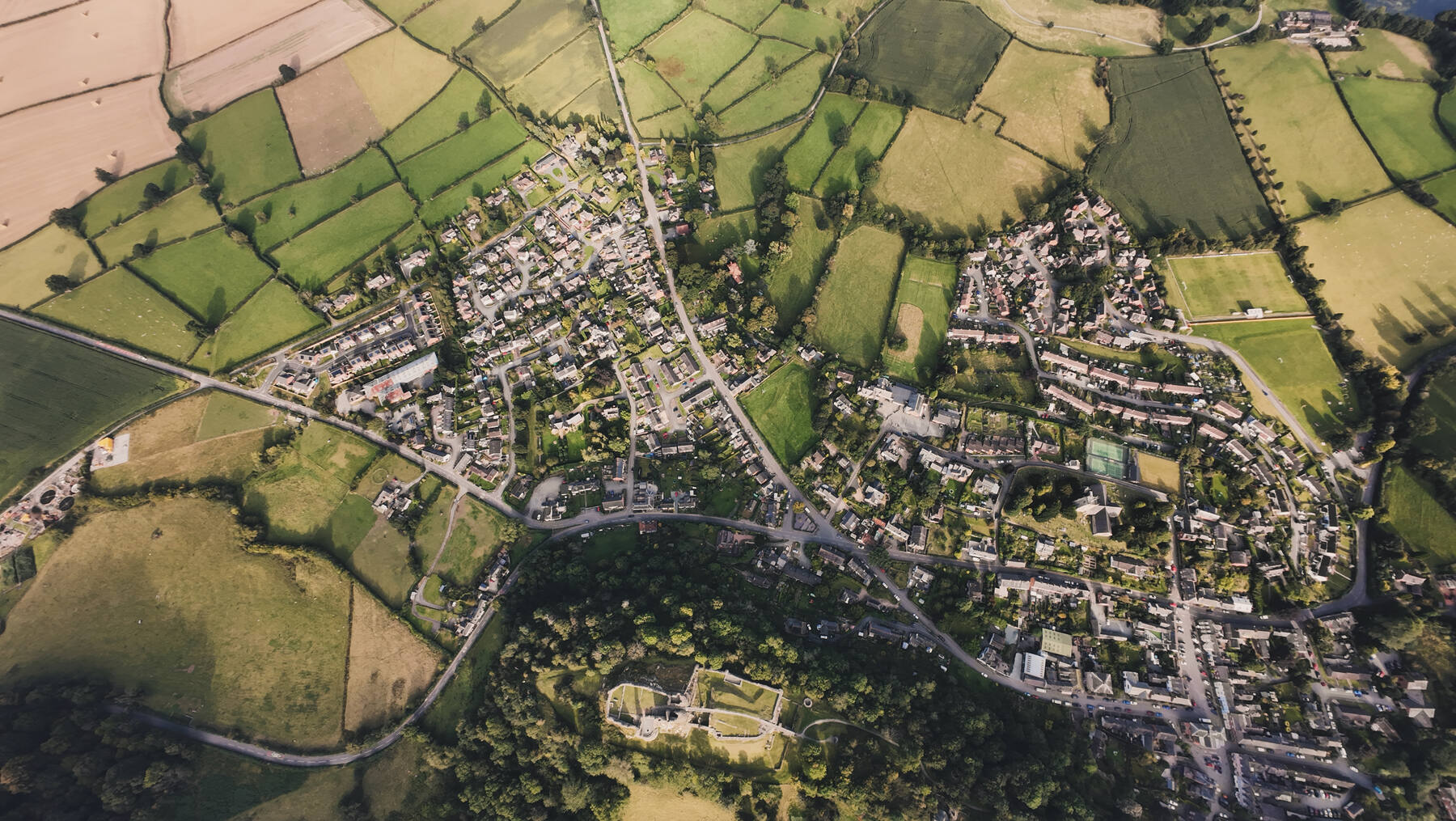 Aerial view of Montgomery, the mid Wales market town this guide is written from