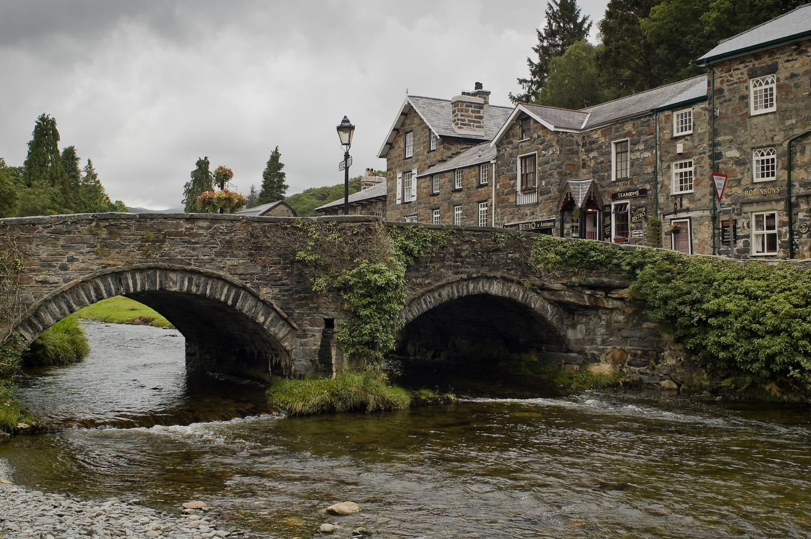 The old stone bridge over the river in Beddgelert village, Snowdonia