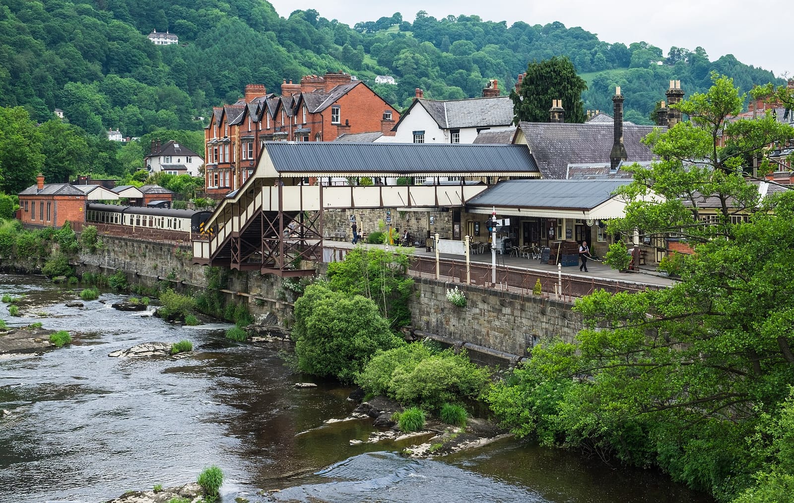 Llangollen station and the bridge over the fast-flowing River Dee