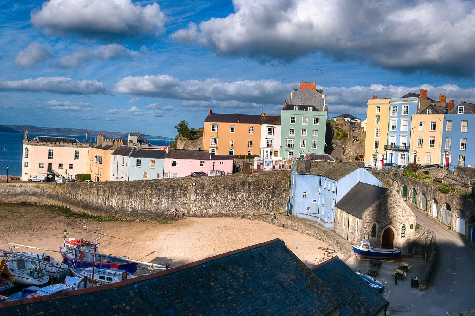 Pastel-painted houses above the harbour at Tenby, Pembrokeshire