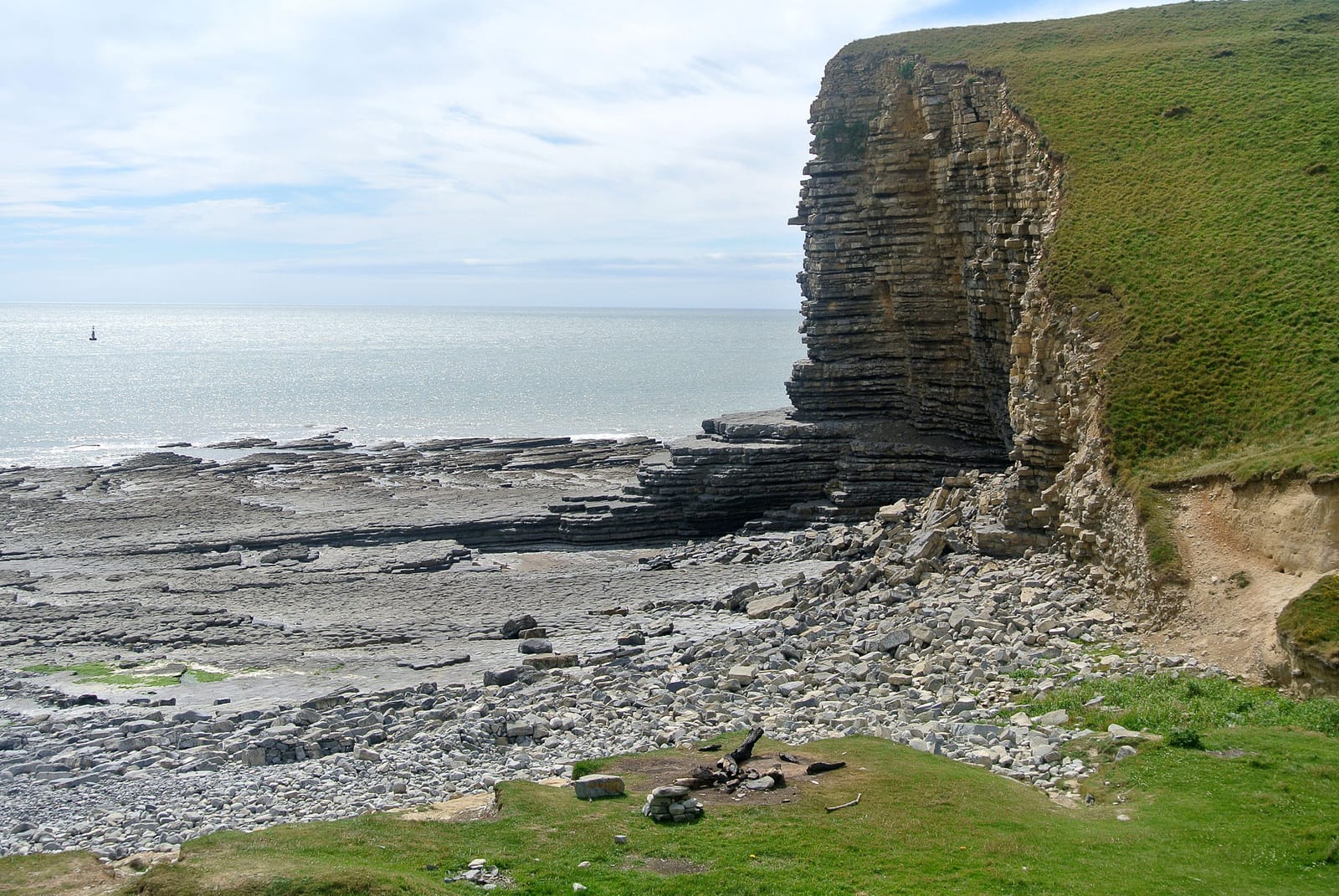 Layered limestone cliffs and a rocky foreshore at Nash Point